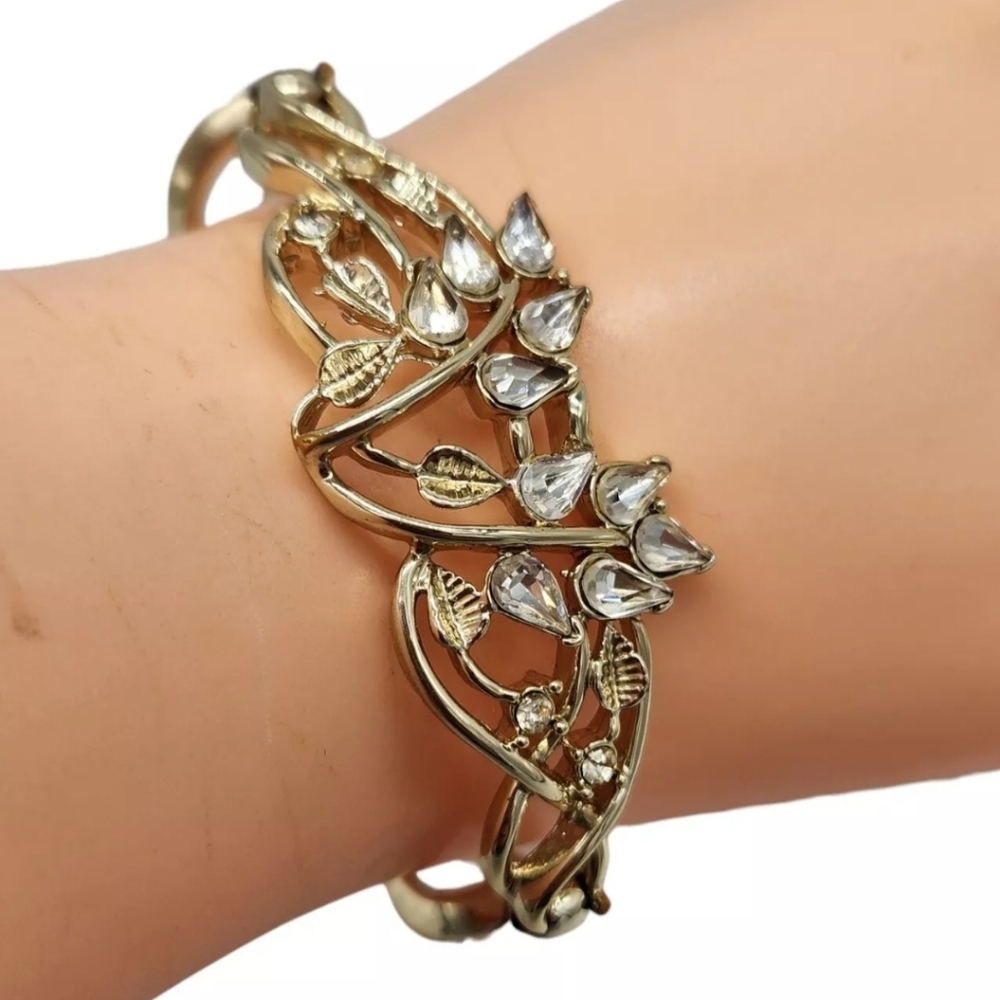 Vintage Signed Bogoff Clear Rhinestones Gold Tonr… - image 2